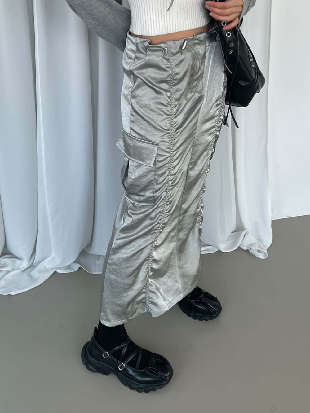 The NKC Store Bernadette Cargo Satin Skirt Silver Sager Y2K Gorpcore One Size